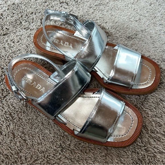 PRADA silver patent leather double banded metallic sandals sz 7 - Picture 1 of 12